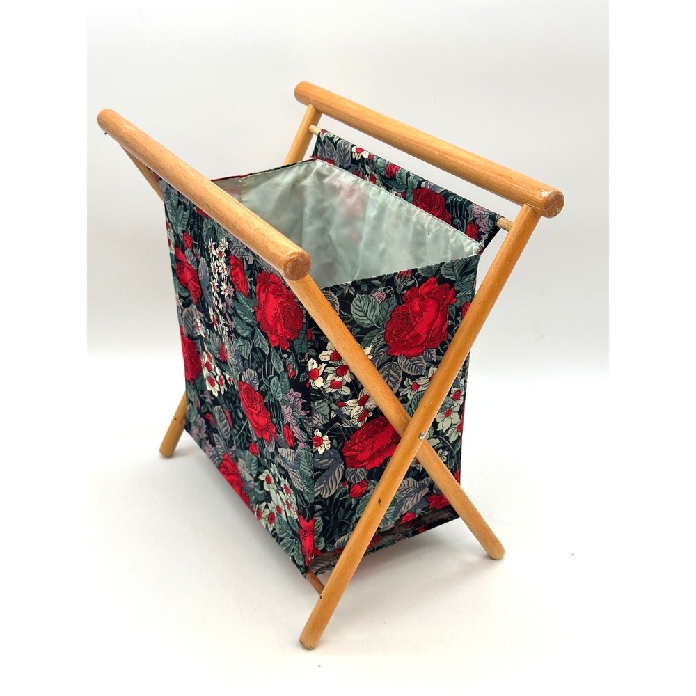 Vintage MCM Folding Wood Magazine Rack Floral Tapestry Sewing Craft Caddy